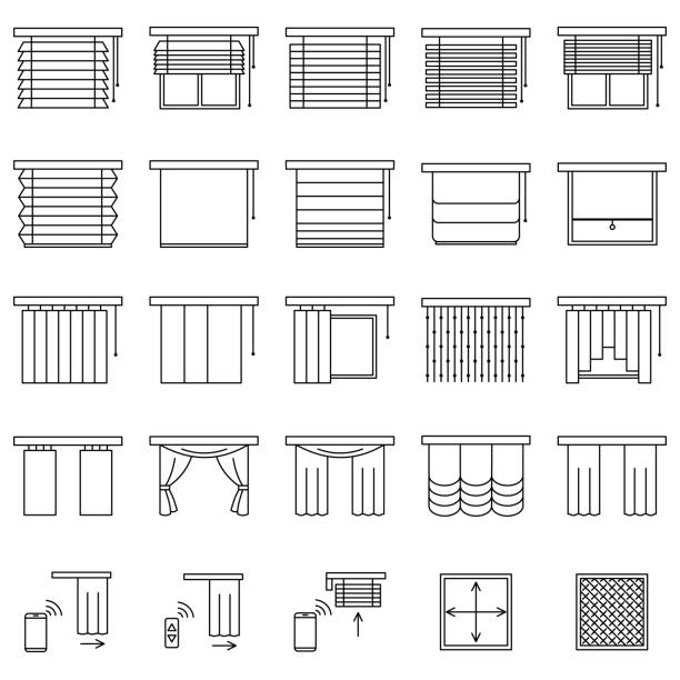 illustrazioni stock, clip art, cartoni animati e icone di tendenza di set di tende da finestra, tende e icone della linea jalouise. collezione di diversi tipi di tapparelle, tende solari per finestre, zanzariera e telecomando in stile contorno - sunblinds