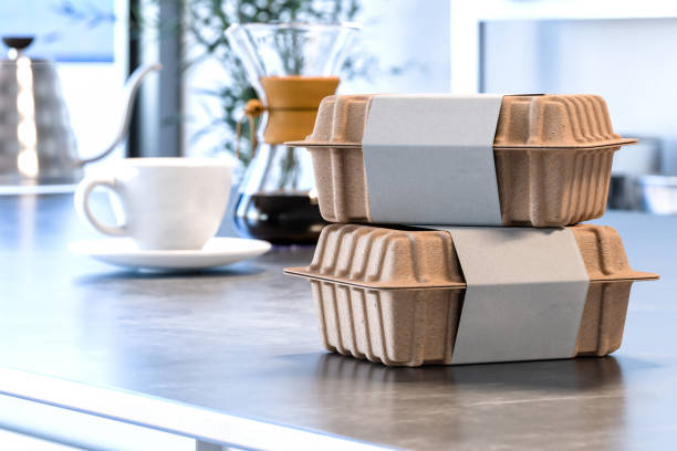 Blank Boxes From Recyclable Paper Or Cardboard With Blank Labels In Modern Stylish Kitchen Interior. Delivery. Copy space. 3d rendering