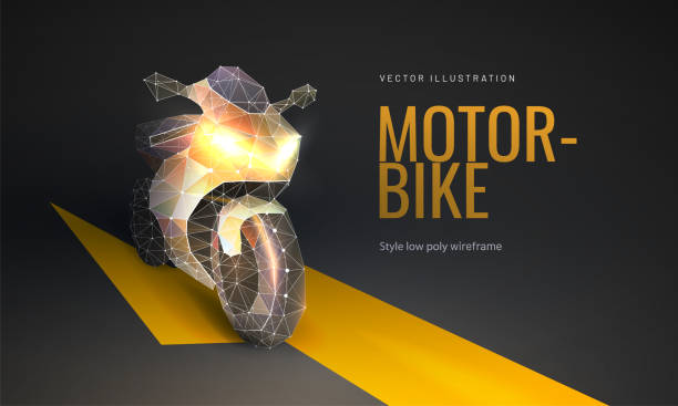 ilustraciones, imágenes clip art, dibujos animados e iconos de stock de motocicleta amarilla. concepto de moto de inovación. creativo abstracto poligonal aislado en fondo oscuro. vector. - motorcycle engine brake wheel