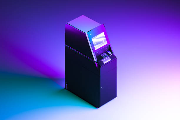 istock Realistic Black ATM Machine on Neon Gradient Multicolored Background. Payment concept. 3d rendering 1267194570