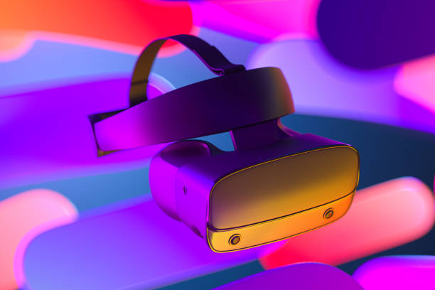 istock Virtual Reality Helmet or VR Goggles on Abstract Multicolored Background Illuminated By Neon Lights. Virtual Reality Goggles, Headset. 3d rendering 1267194671