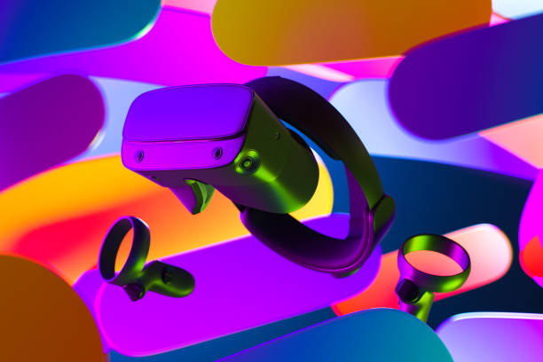 istock Virtual Reality Helmet and VR Controllers on Abstract Multicolored Background. Virtual Reality Goggles, Headset. 3d rendering 1267194693