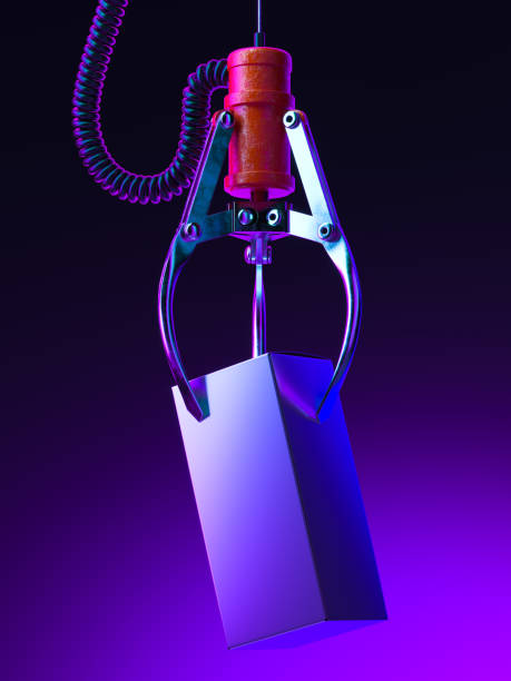 istock Machine Robotic Claw takes Dark Box on Violet Gradient Background. Crane Game. Winner. Symbol of Risk. 3d Rendering 1267194722