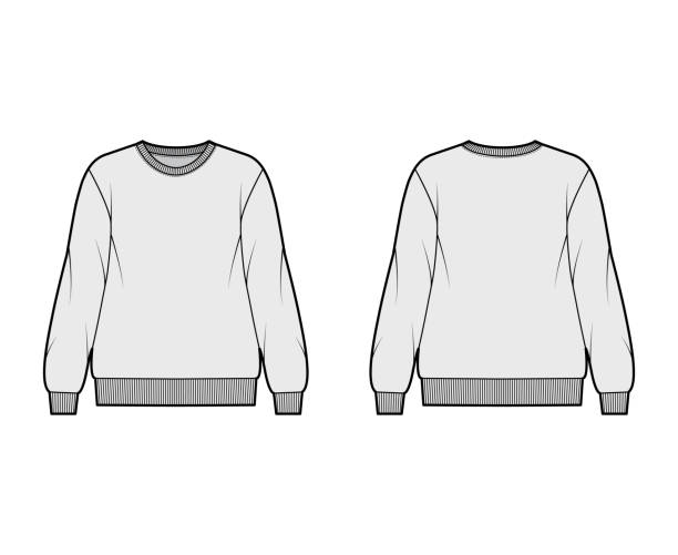 Cotton-terry oversized sweatshirt technical fashion illustration with relaxed fit, crew neckline, long sleeves jumper Cotton-terry oversized sweatshirt technical fashion illustration with relaxed fit, crew neckline, long sleeves. Flat outwear jumper apparel template front, back, grey color. Women, men, unisex top CAD cardigan clothing template fashion stock illustrations