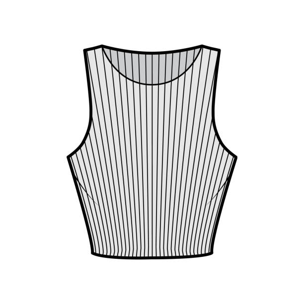 illustrazioni stock, clip art, cartoni animati e icone di tendenza di illustrazione tecnica di moda del serbatoio in jersey di cotone a coste cropped con vestibilità slim, lunghezza della vita, scollatura dell'equipaggio. piano piatto - tank top black top t shirt