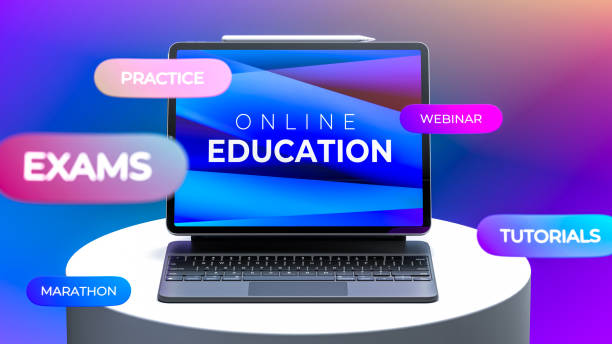 istock Laptop With App For Online Education on Showcase. Inscriptions Education, Exams, Webinar, Tutorials, Practice, Marathon. 3d Rendering 1267195086