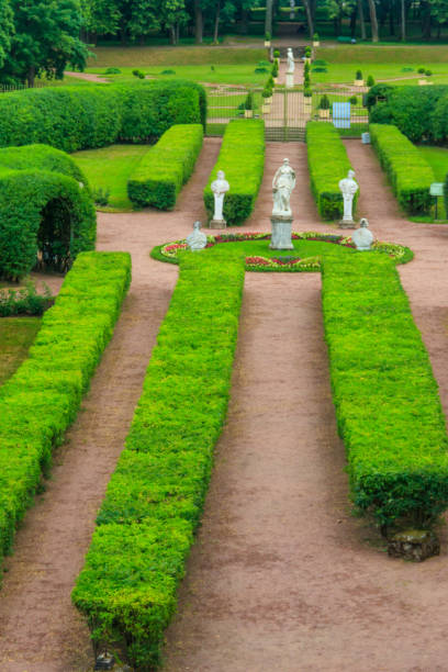 estatua de mármol de la diosa flora rodeada de baccantes de mármol y sátiros en el jardín privado del palacio de gatchina, rusia. vista desde arriba - statue architecture sculpture formal garden fotografías e imágenes de stock