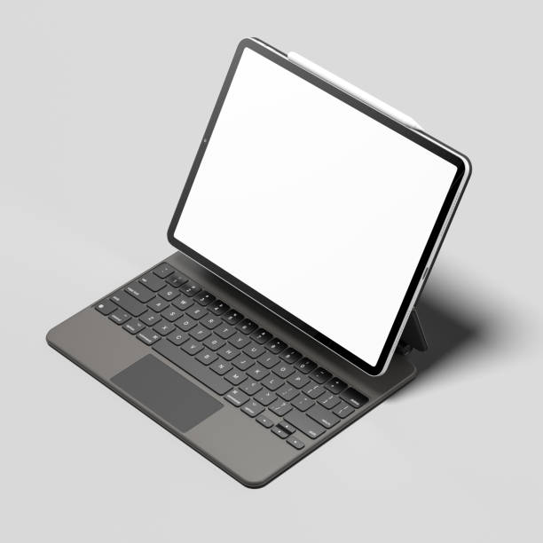istock Modern Laptop With White Blank Screen and White Pen Above on Light Gray Background. Minimalism. Copy Space. Empty Space. 3d rendering 1267196513