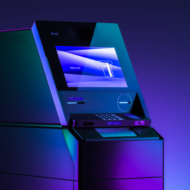 istock Close up Of Realistic Black ATM Machine With Insert Card Requirement on Neon Gradient Multicolored Background. Payment concept. 3d rendering 1267196661