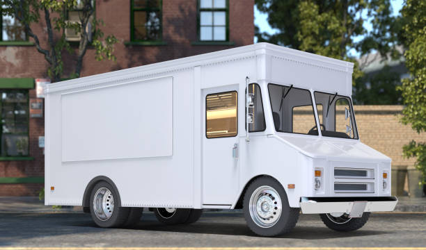 camion di cibo realistico bianco con finestra chiusa. paesaggio urbano moderno. cibo e bevande da asporto. prendi in giro. copia spazio, spazio vuoto. rendering 3d. - food truck foto e immagini stock