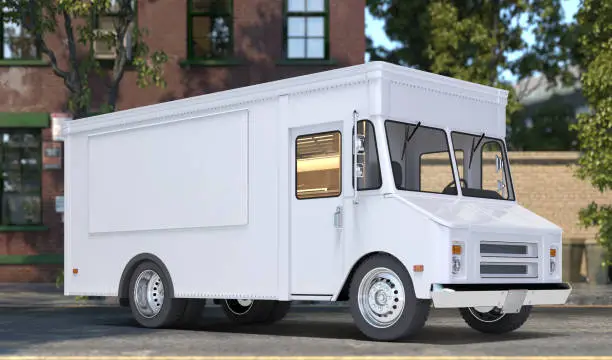 White Blank Realistic Food Truck With Closed Window. Modern Cityscape. Takeaway Food And Drinks. Mock Up. Copy Space, Empty Space. 3d rendering. Side View