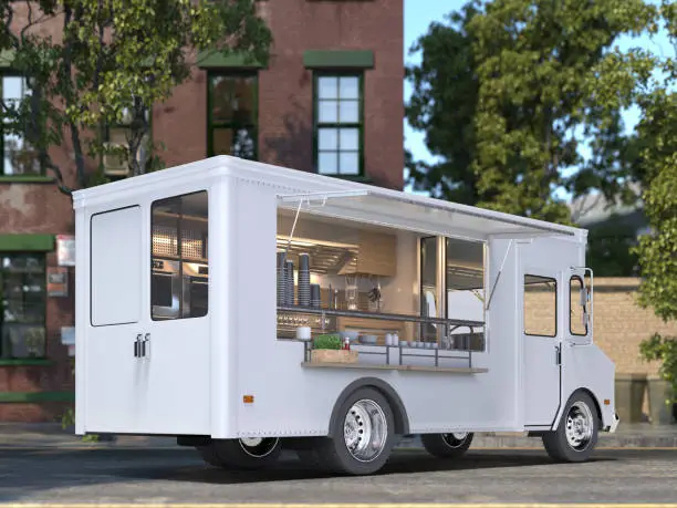 White Blank Realistic Food Truck With Detailed Cozy Interior With Warm Light On Street. Modern Cityscape. Takeaway Food And Drinks. 3d rendering. Back View