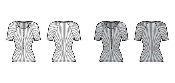 istock Ribbed cotton-jersey top technical fashion illustration with short raglan sleeves, slim fit, scoop henley neckline 1267198852