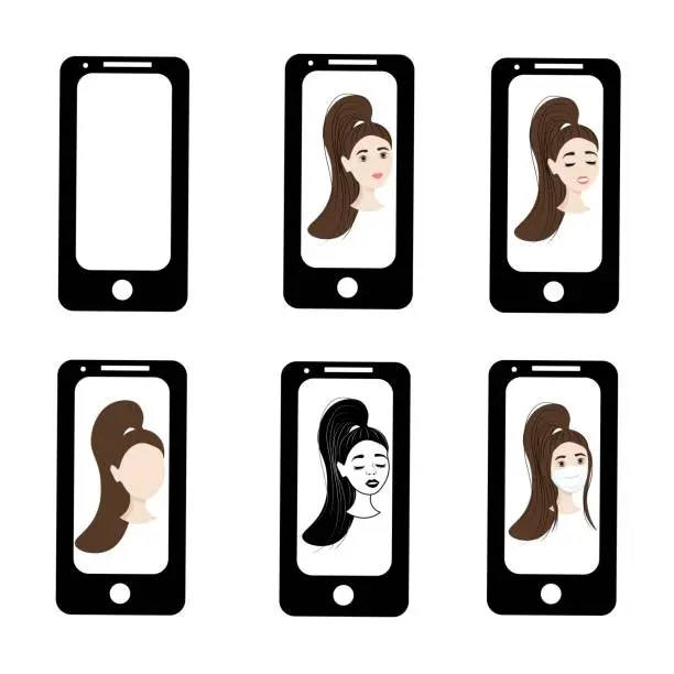 Vector illustration of Girl with haircut on the phone screen. Emotions of a woman on the screensaver of a smartphone. Remote communication using gadgets. Stock vector illustration for business, internet, social networks.