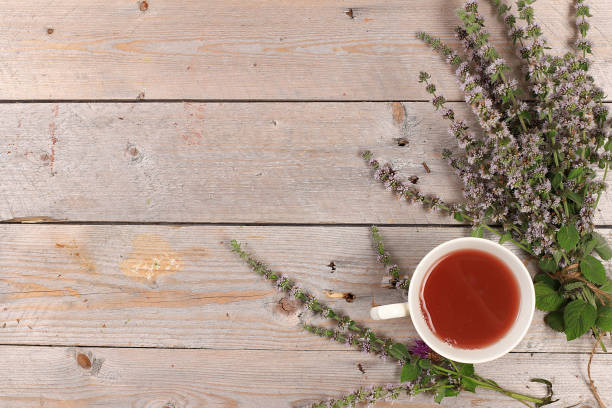 istock Flower tea with mint on an old wooden table, has a calming and relaxing effect, alternative medicine concept 1267203254