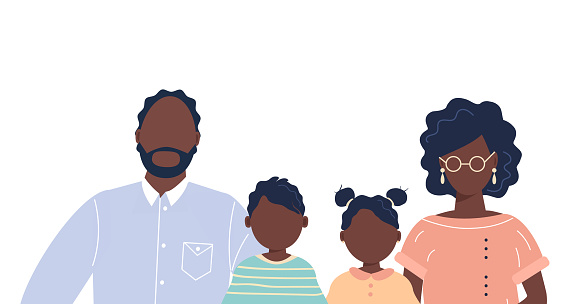 Happy cute family portrait of african-american people parents and kids