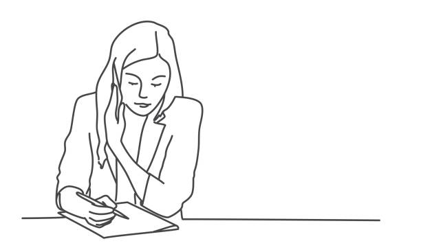 Young woman talking on the phone and writing something down. Young woman talking on the phone and writing something down. Line drawing vector illustration. businesswoman illustrations stock illustrations