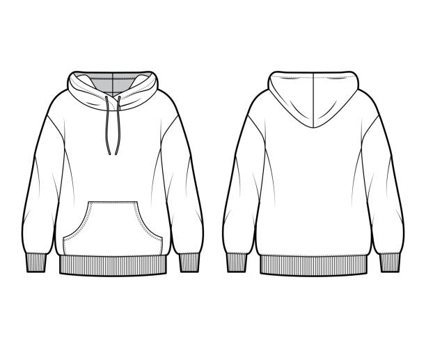 übergroße baumwolle-fleece hoodie technische mode-illustration mit tasche, entspannte passform, lange ärmel. flachspringer - kapuzenoberteil stock-grafiken, -clipart, -cartoons und -symbole