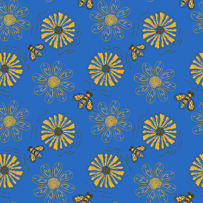 Summer seamless simple illustration of flower field - Flowers and bees.