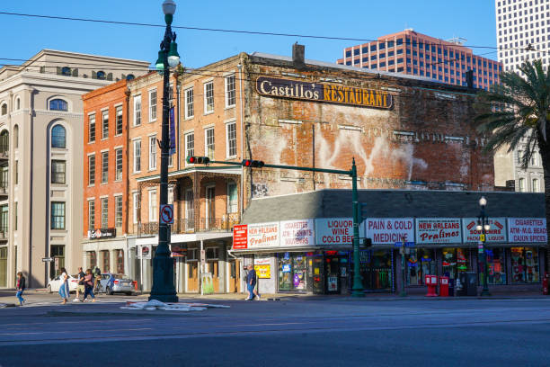 New Orleans - 04/15/2018 : vintage Restaurant Castillo insignia and architecture in Canal Street