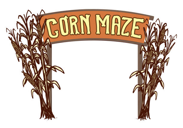 ilustraciones, imágenes clip art, dibujos animados e iconos de stock de cartel de madera post corn maze entrada - arrow sign road sign fence