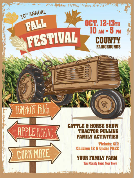 Farm and agricultural Fall Festive show poster design template Vector illustration of a Farm and agricultural Fall Festive show poster design template. Includes wooden sign post with arrows for corn maze, apple picking, pumpkin patch, old fashioned tractor, and corn stalks texture. Lot's of copy space. Easy to edit royalty free vector eps 10. agricultural fair stock illustrations
