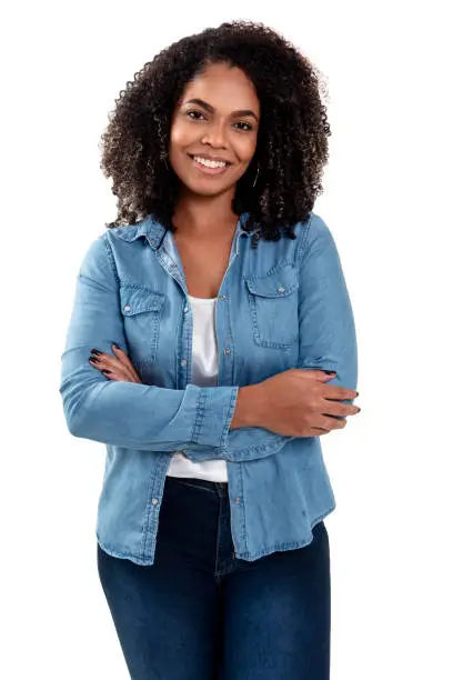 Photo of Studio photography of young and elegant black woman smiling.