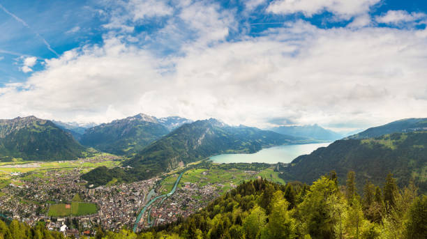 panoramic view of interlaken - swiss culture european alps house brienz imagens e fotografias de stock