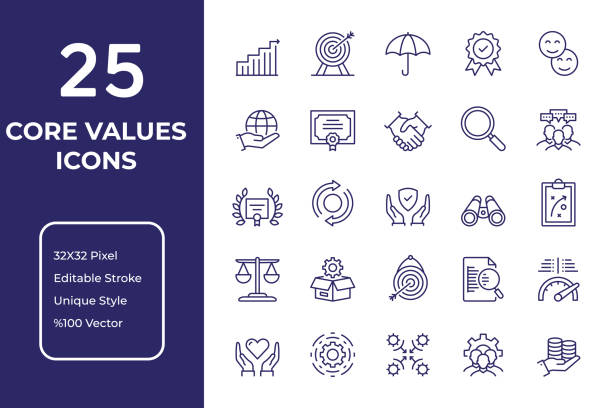 Core Values Line Icon Design Core Values Vector Style Editable Stroke Line Icon Set corporate business stock illustrations