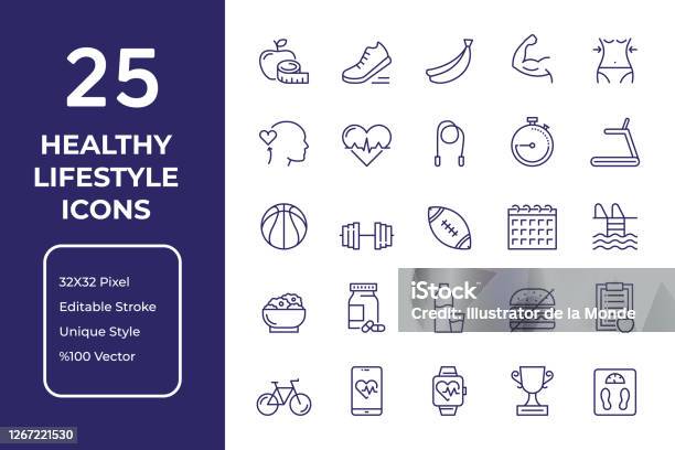 Healthy Lifestyle Line Icon Design - Arte vetorial de stock e mais imagens de Ícone - Ícone, Estilo de vida saudável, Exercitar