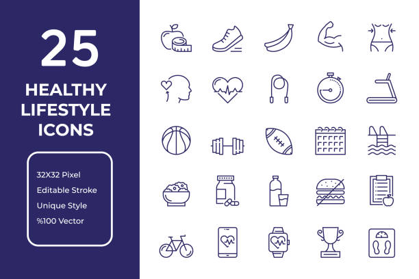 Healthy Lifestyle Line Icon Design Healthy Lifestyle Vector Style Editable Stroke Line Icon Set active lifestyle stock illustrations