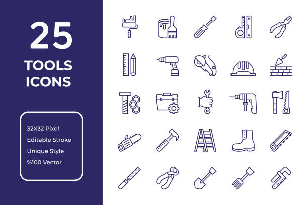 복구 도구 라인 아이콘 디자인 - hand tool work tool screw craftsperson stock illustrations