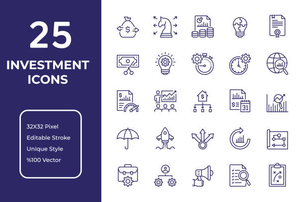 Investment Line Icon Design Investment Vector Style Editable Stroke Line Icon Set retirement planning advisor stock illustrations