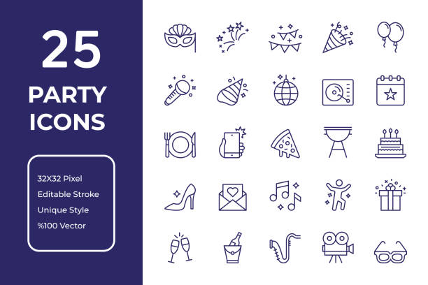 Party and Celebration Line Icon Design Party and Celebration Vector Style Editable Stroke Line Icon Set celebration event stock illustrations