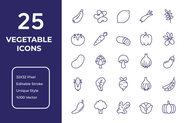 Vegetables Line Icon Design Vegetables Style Editable Stroke Line Icon Set carrot symbol food broccoli stock illustrations