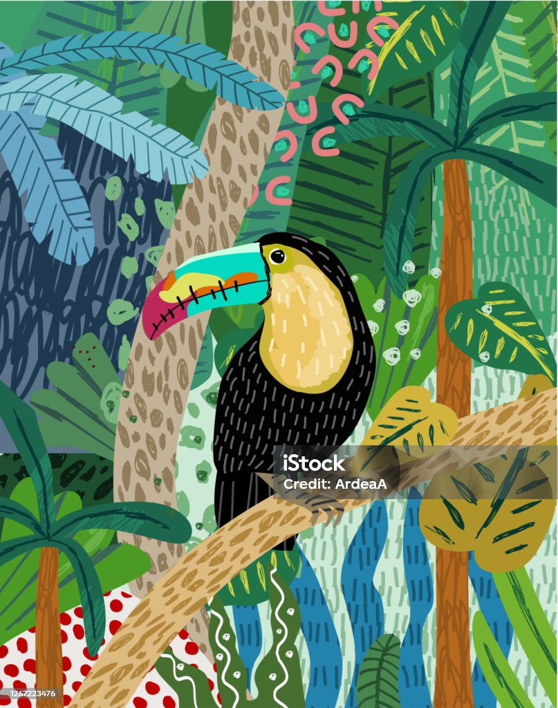 Abstract jungle background! Vector illustrations of parrot toucan, palm, leaves, trees, spots, objects and textures. Hand-drawn art for poster or card Toucan stock vector