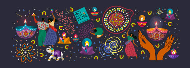 illustrations, cliparts, dessins animés et icônes de joyeux diwali. festival indien des lumières. illustration plate abstraite vectorielle pour les vacances, lumières, mains, peuple indien, femme et autres objets pour l’arrière-plan ou l’affiche. - diwali illustrations