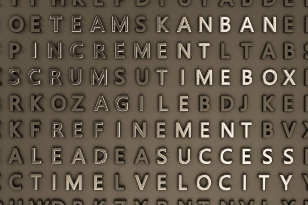 3d rendering of random letters and different words on a black wall. Different texts such as AGILE, SUCCESS, KANBAN etc. Silver words are shining together.