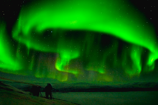 Northern lights (aurora  borealis) seen in late March from Abisko Mountain Station, Abisko, Lapland, arctic Sweden