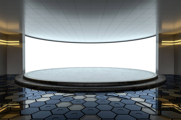 leerer raum mit runder bühne in der mitte, 3d-rendering. - filmvorführung stock-fotos und bilder
