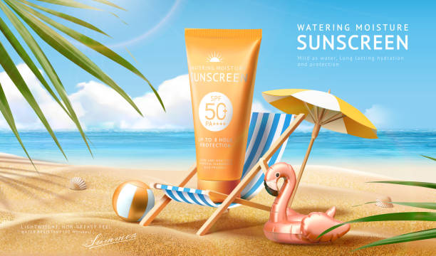 Skin care product ad template Sunscreen ad template with palm leaves and summer beach scene design, 3d illustration summer beach stock illustrations