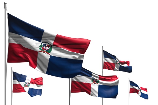 wonderful five flags of Dominican Republic are wave isolated on white - any celebration flag 3d illustration