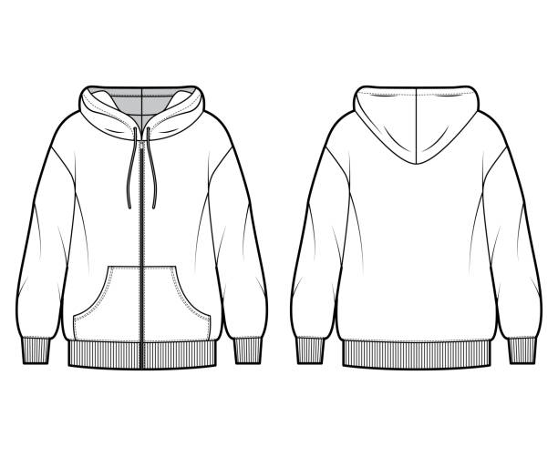 illustrations, cliparts, dessins animés et icônes de zip-up surdimensionné coton-polaire hoodie illustration technique de mode avec poche, ajustement détendu, manches longues. cavalier plat - jacket