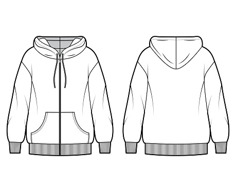 Zip-up oversized cotton-fleece hoodie technical fashion illustration with pocket, relaxed fit, long sleeves. Flat jumper apparel template front, back white color. Women, men, unisex sweatshirt top CAD