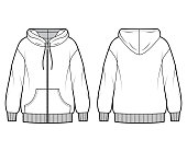Zip-up oversized cotton-fleece hoodie technical fashion illustration with pocket, relaxed fit, long sleeves. Flat jumper