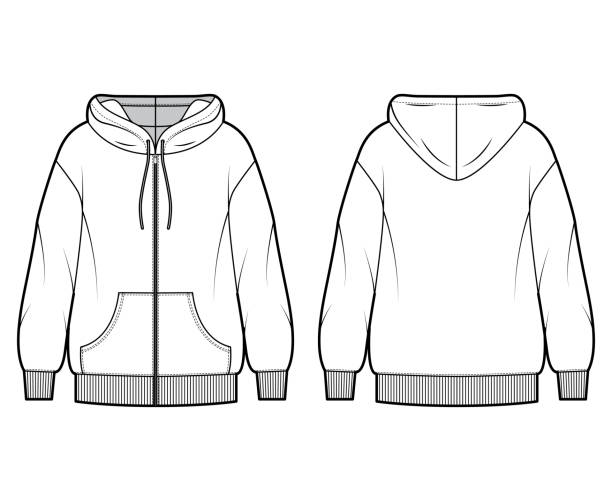 Zip-up oversized cotton-fleece hoodie technical fashion illustration with pocket, relaxed fit, long sleeves. Flat jumper Zip-up oversized cotton-fleece hoodie technical fashion illustration with pocket, relaxed fit, long sleeves. Flat jumper apparel template front, back white color. Women, men, unisex sweatshirt top CAD hooded shirt stock illustrations