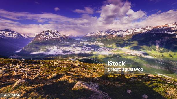 Alpine Landscape Above St Moritz Silvaplana And Maloja At Sunset Engadine Switzerland Stock Photo - Download Image Now