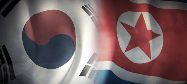 flag 3d rendering on economic, cooperation between south korea and north korea. - korean peninsula imagens e fotografias de stock