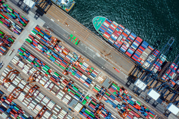 Free Stock Photo of Aerial View of Busy Shipping Container Terminal ...