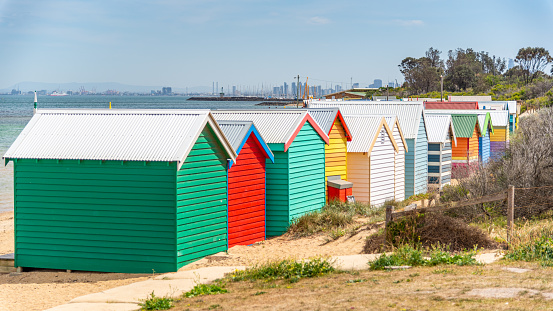 Melbourne, Victoria / Australia - 10/31/2019 These brightly painted huts or \